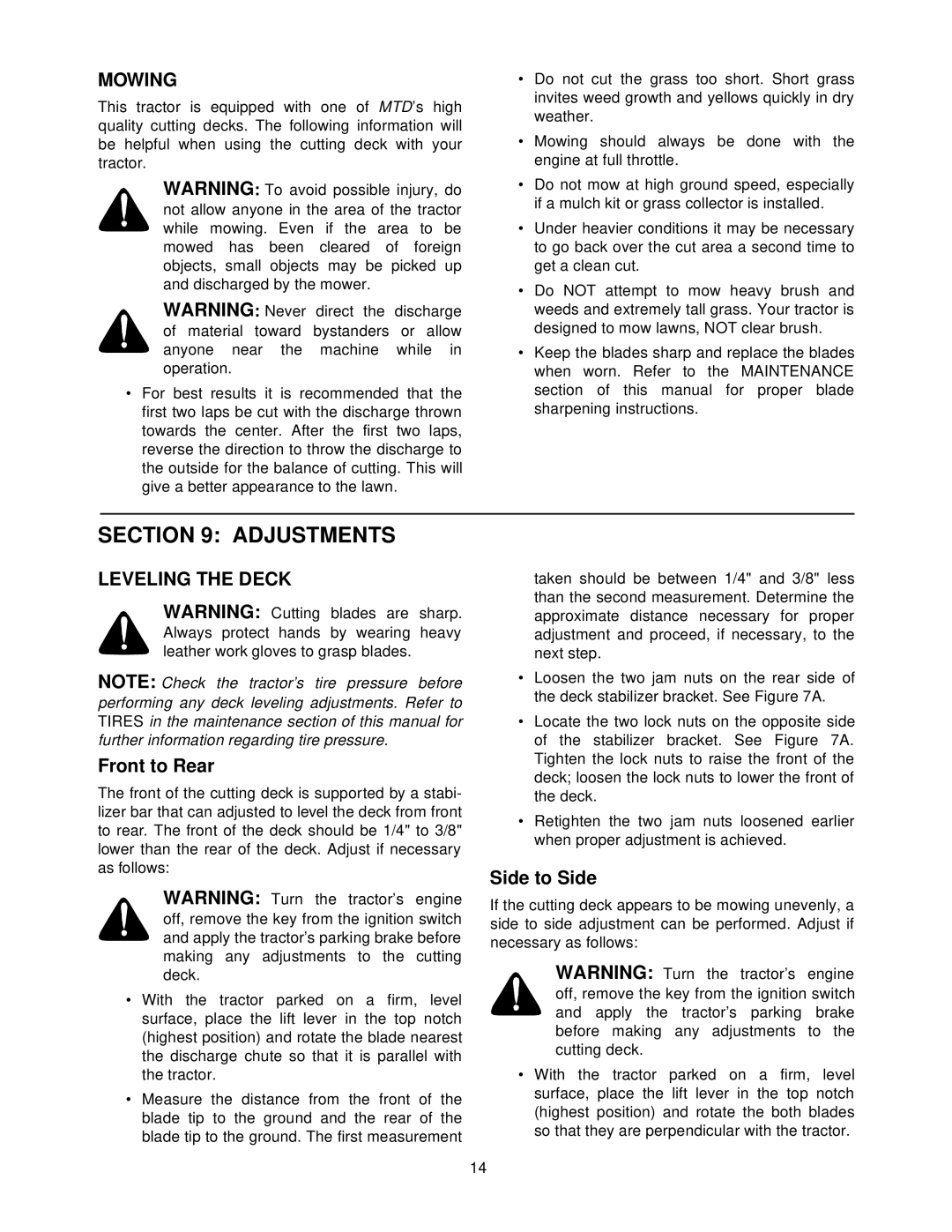 Troy-Bilt 604 manual Adjustments, Mowing, Leveling the Deck 