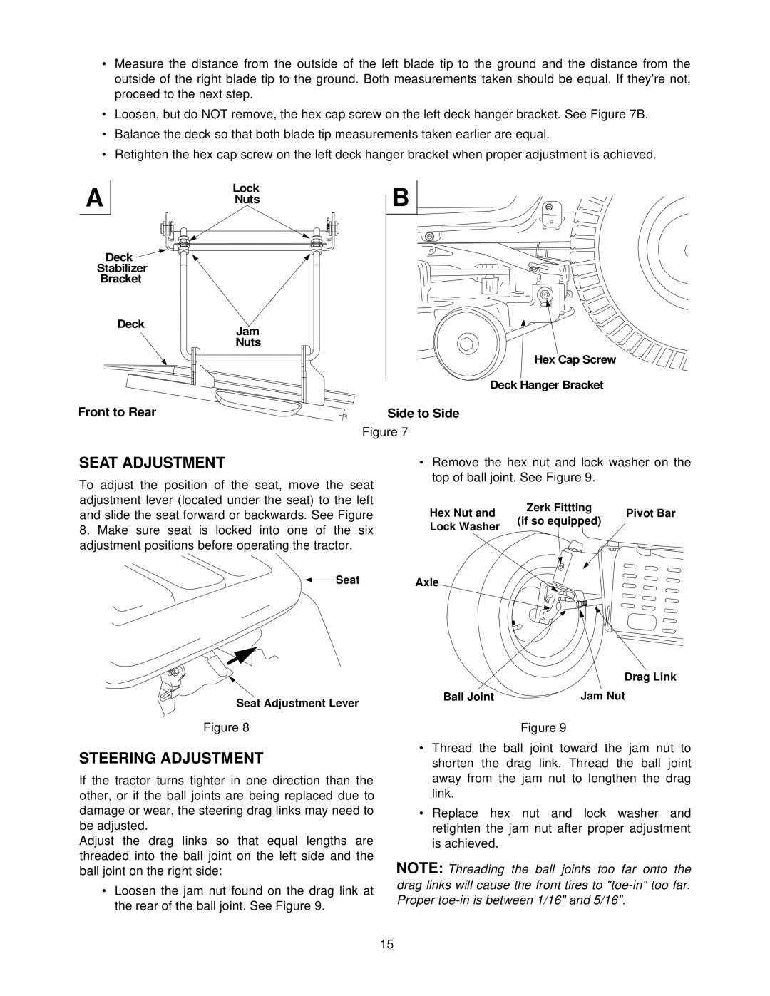 Troy-Bilt 604 manual Seat Adjustment, Steering Adjustment, Front to Rear 