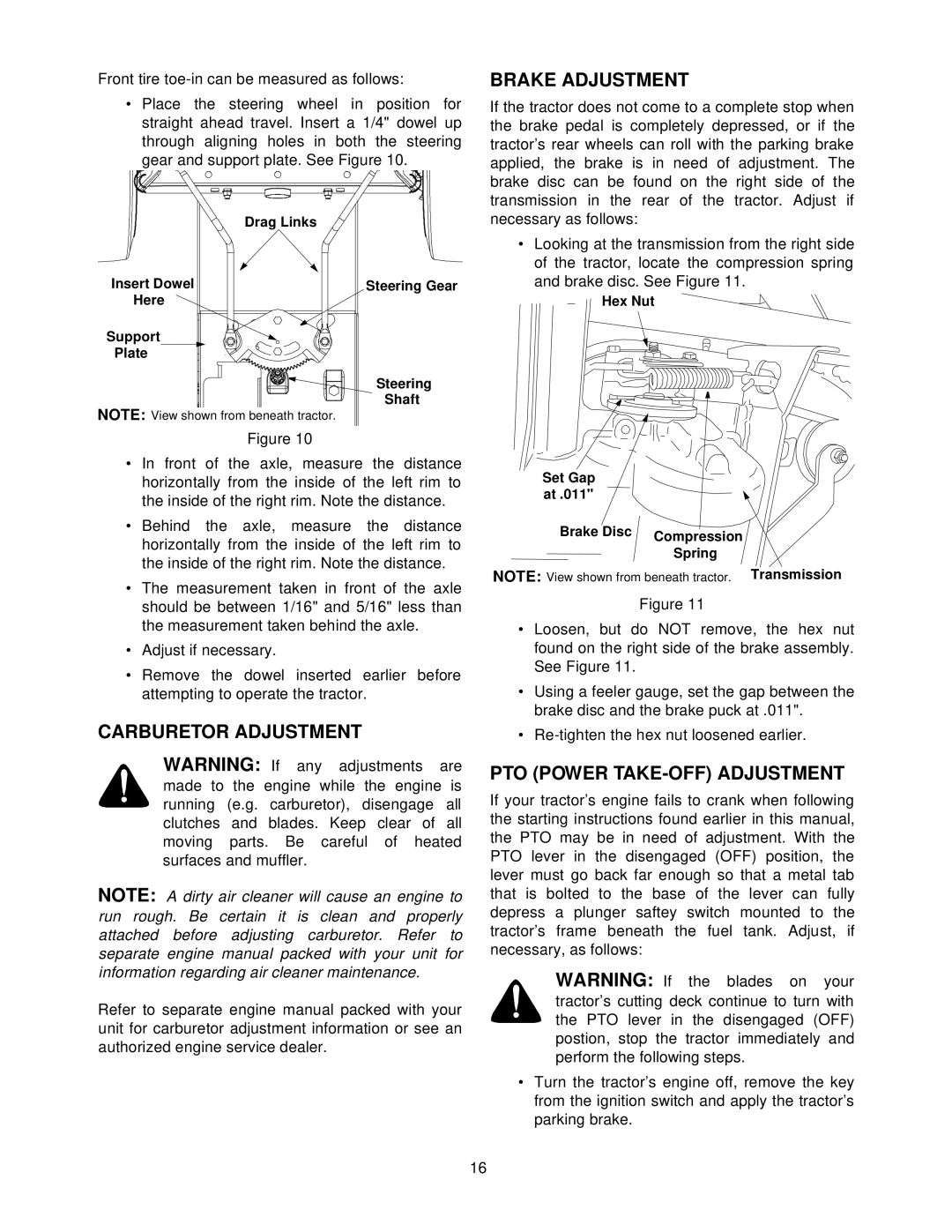 Troy-Bilt 604 manual Brake Adjustment, Carburetor Adjustment, PTO Power TAKE-OFF Adjustment 