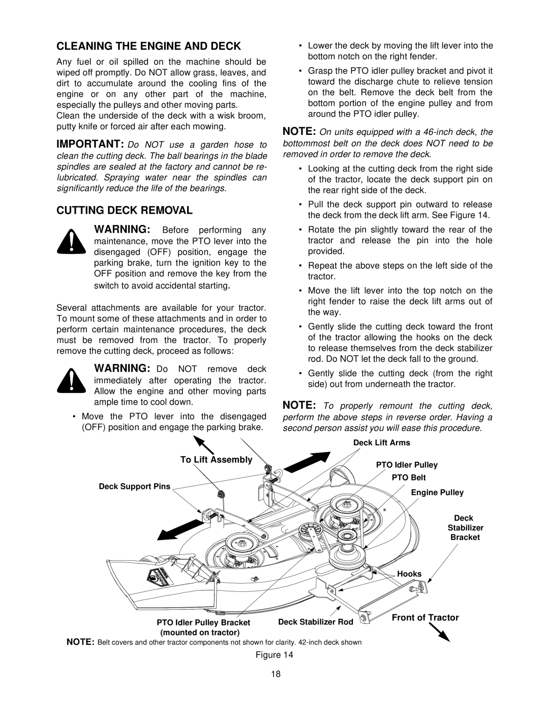 Troy-Bilt 604 manual Cleaning the Engine and Deck, Cutting Deck Removal, To Lift Assembly, Front of Tractor 