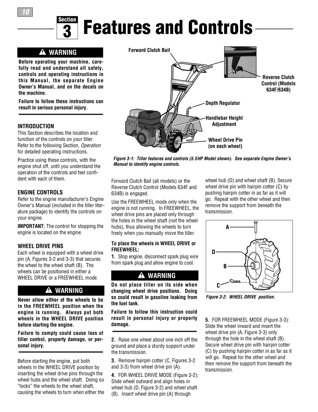 Troy-Bilt 630B-Tuffy, 634F-Bronco, 634B-Super Bronco manual Introduction, Engine Controls, Wheel Drive Pins, Freewheel 