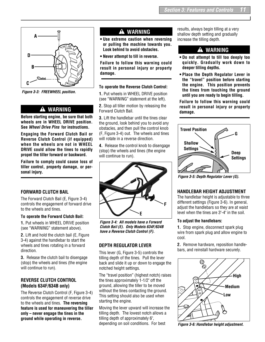 Troy-Bilt 630B-Tuffy, 634F-Bronco, 634B-Super Bronco Features and Controls, Forward Clutch Bail, Depth Regulator Lever 
