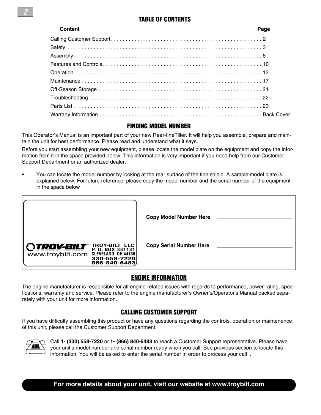 Troy-Bilt 630B-Tuffy, 634F-Bronco, 634B-Super Bronco manual Table of Contents 