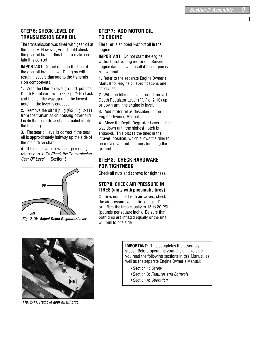 Troy-Bilt 630B-Tuffy, 634F-Bronco, 634B-Super Bronco manual Check AIR Pressure, Check Level of Transmission Gear OIL 