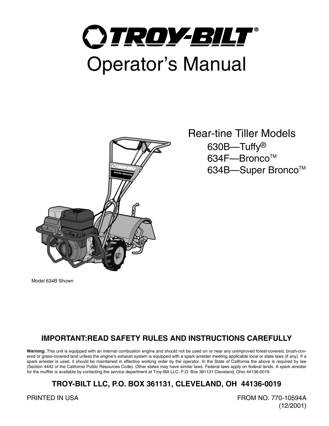 Troy-Bilt 630B-Tuffy, 634F-Bronco, 634B-Super Bronco manual Importantread Safety Rules And Instructions Carefully, 12/2001 