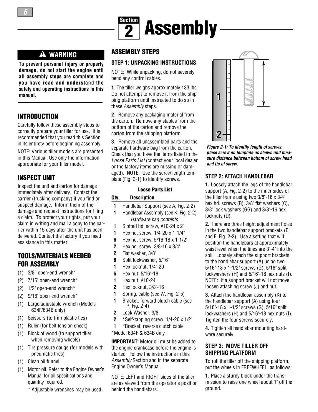 Troy-Bilt 630B-Tuffy, 634F-Bronco, 634B-Super Bronco manual Introduction, Inspect Unit, Assembly Steps, Section 