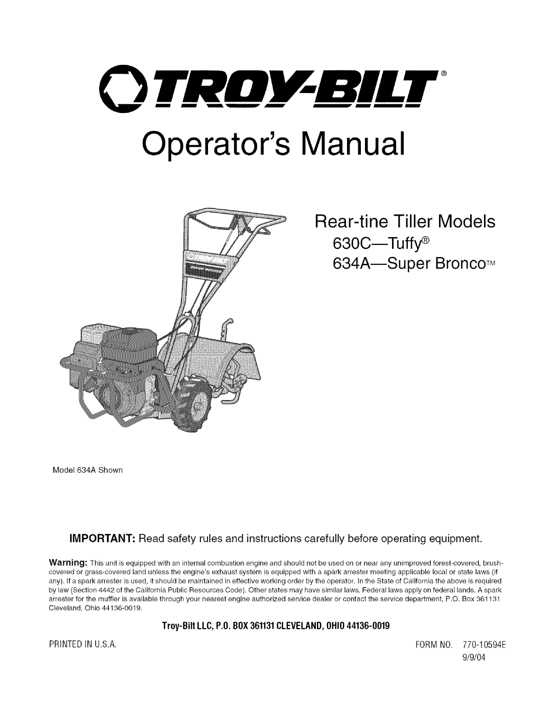 Troy-Bilt 1634A, 630C manual Troy-Bilt LLC, P.O. BOX361131CLEVELAND,OHIO44136-0019, Formno -10594E 