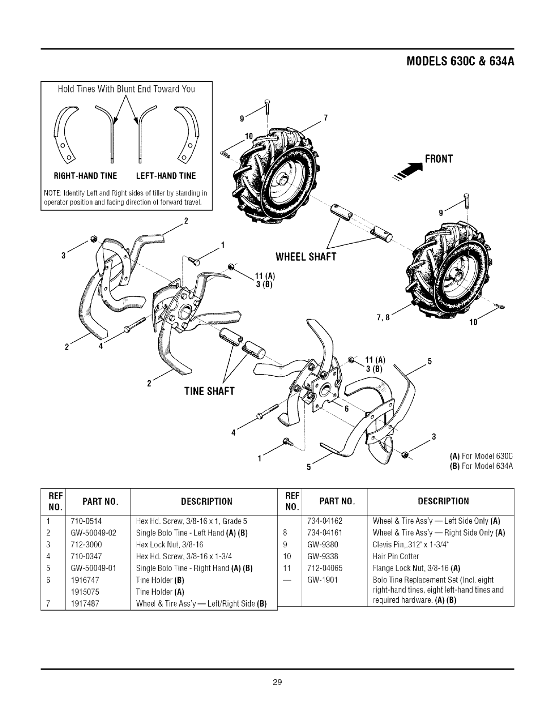 Troy-Bilt 1634A manual Wheelshaft, Tine Shaft, 11A, Description Partno, ForModel630C ForModel634A 