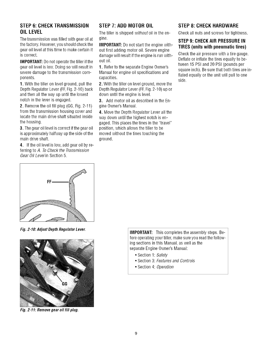 Troy-Bilt 1634A, 630C manual OIL Level, Tires unitswithpneumatictires, El-/ AUU IVlUI UH UIL 