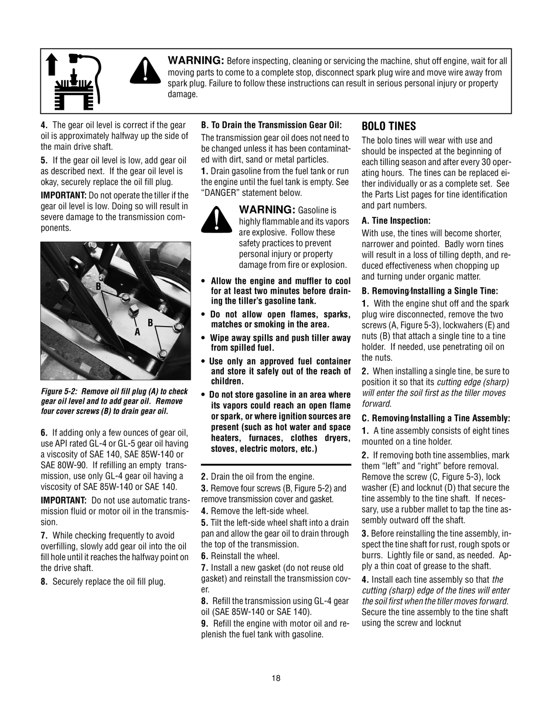 Troy-Bilt 630C-Tuffy Bolo Tines, Tine Inspection, Removing⁄Installing a Single Tine, Removing⁄Installing a Tine Assembly 