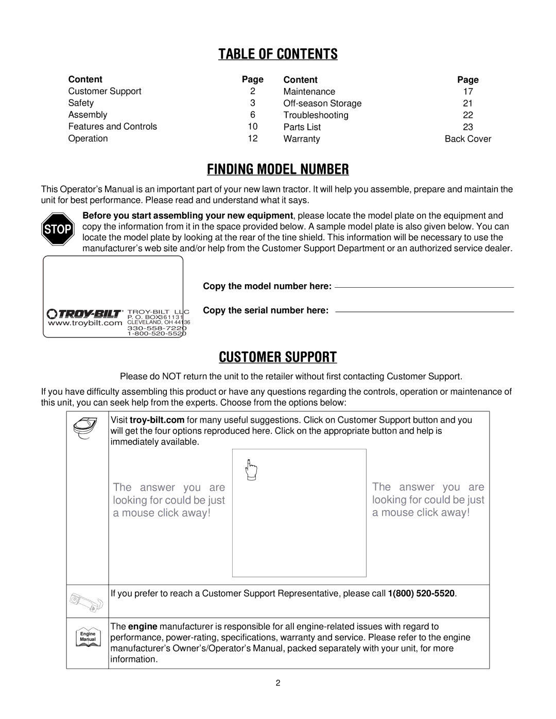 Troy-Bilt 630C-Tuffy manual Table of Contents, Finding Model Number, Customer Support 