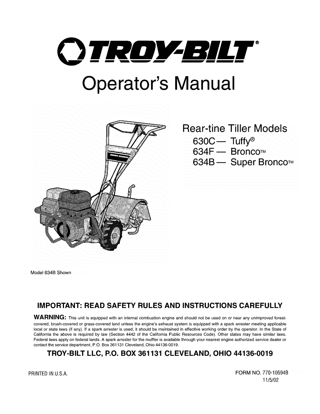 Troy-Bilt 630CN manual Form no -10594B, 11/5/02 