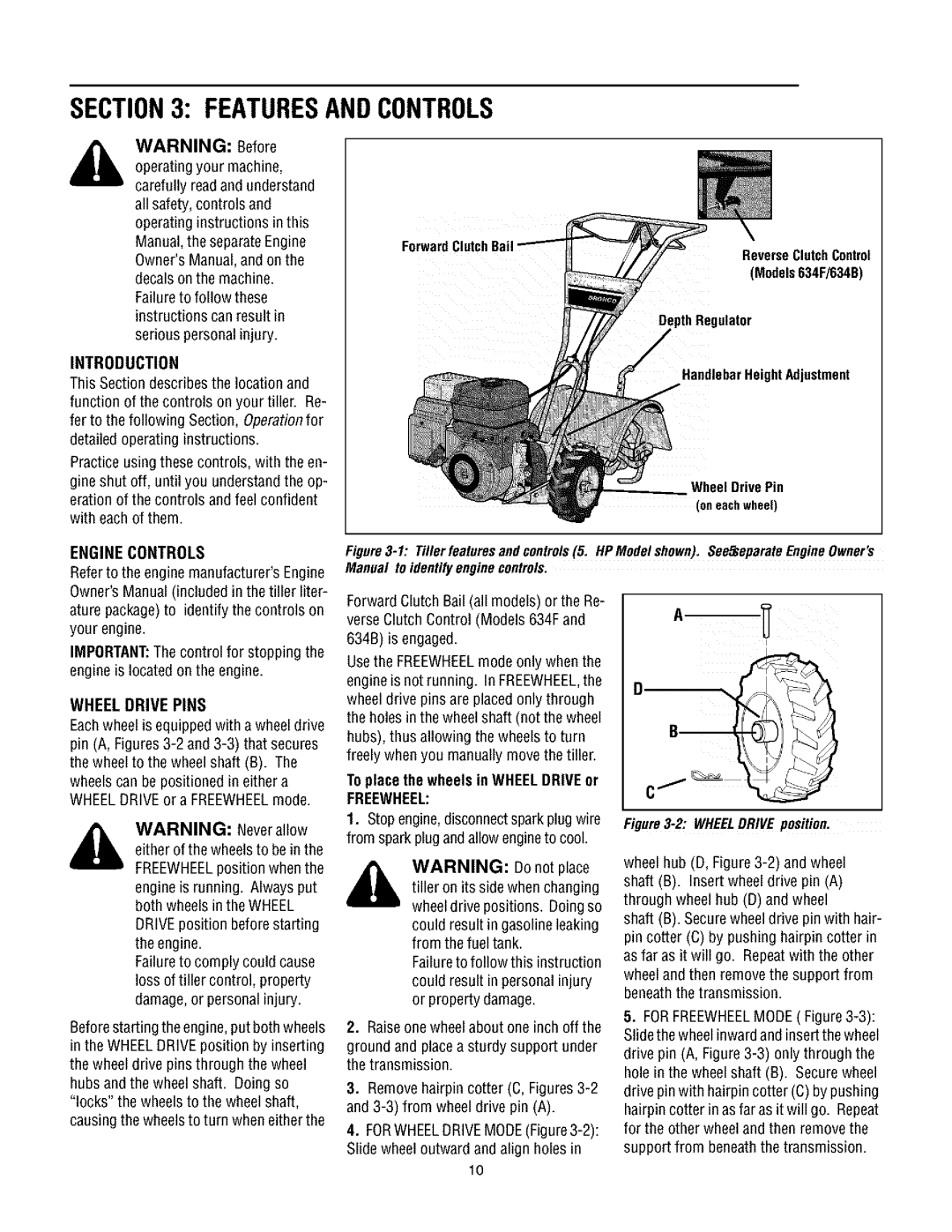 Troy-Bilt 630CN manual Featuresandcontrols, Introduction, Engine Controls, Wheel Drive Pins, Freewheel 