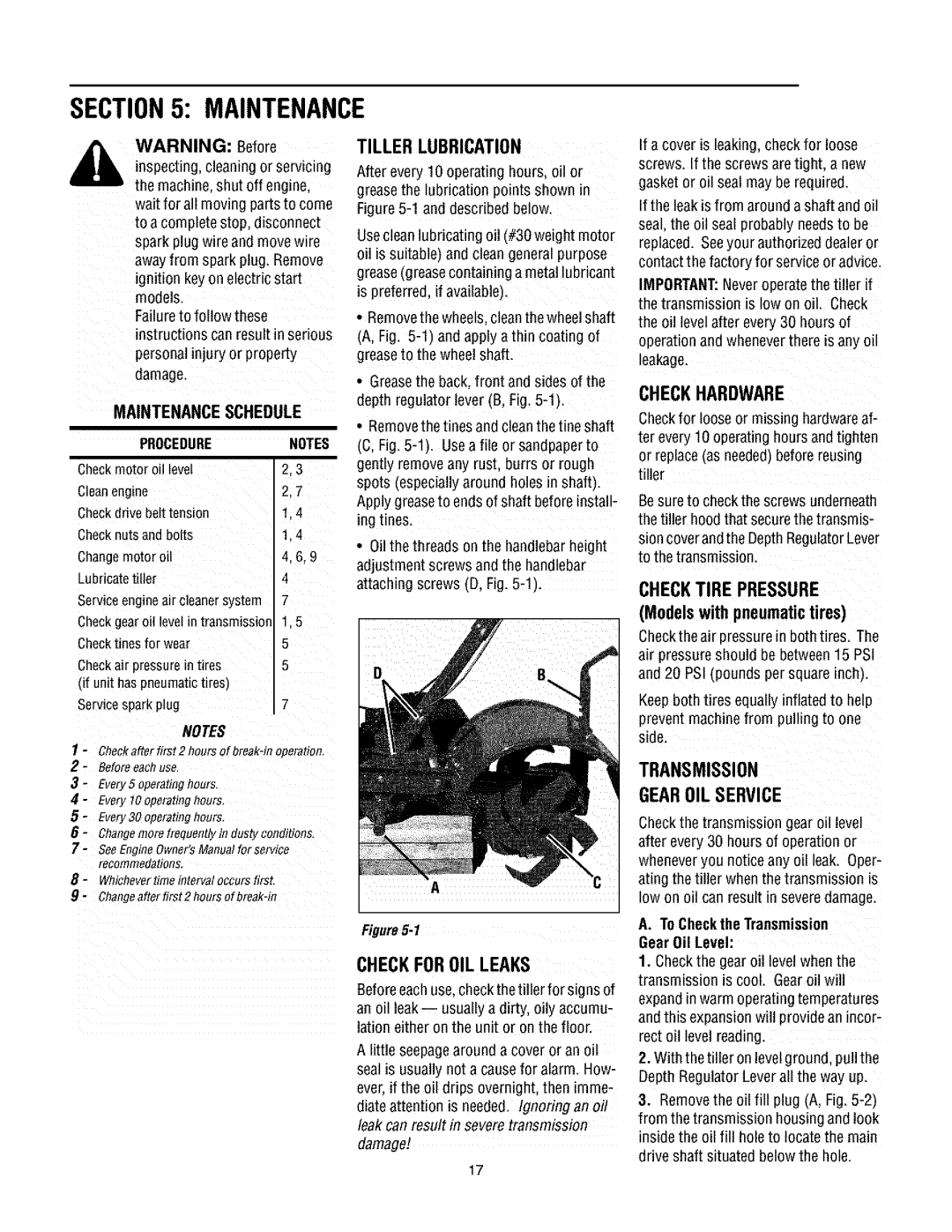 Troy-Bilt 630CN manual Maintenance, Checktire Pressure, Checkforoilleaks, Transmission Gearoil Service 