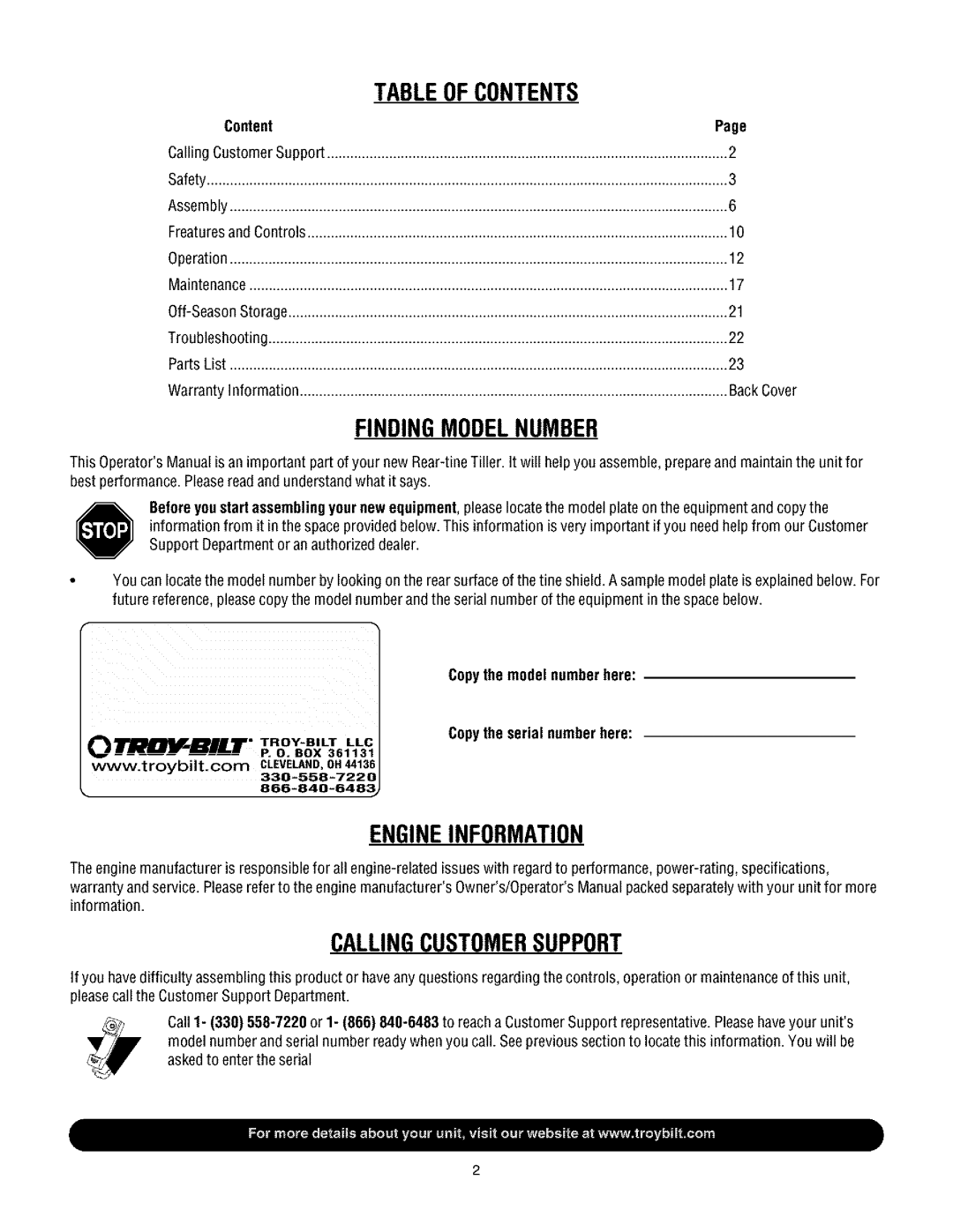 Troy-Bilt 630CN manual Tableofcontents 