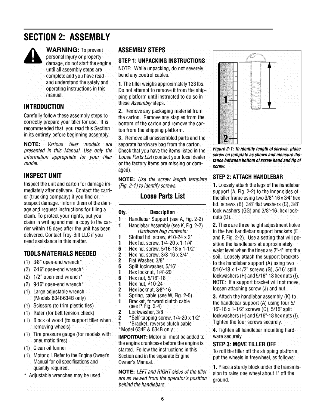 Troy-Bilt 630CN manual Assembly, LoosePartsList 