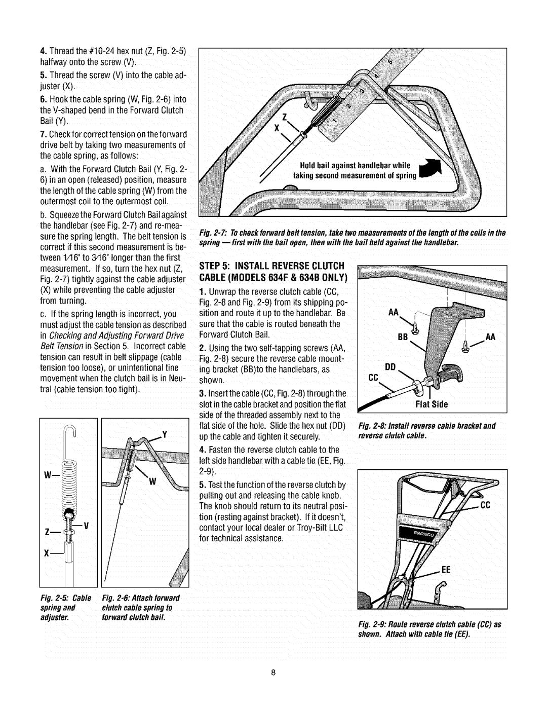 Troy-Bilt 630CN manual Bail, Install Reverse Clutch Cable Models 634F & 634B only 