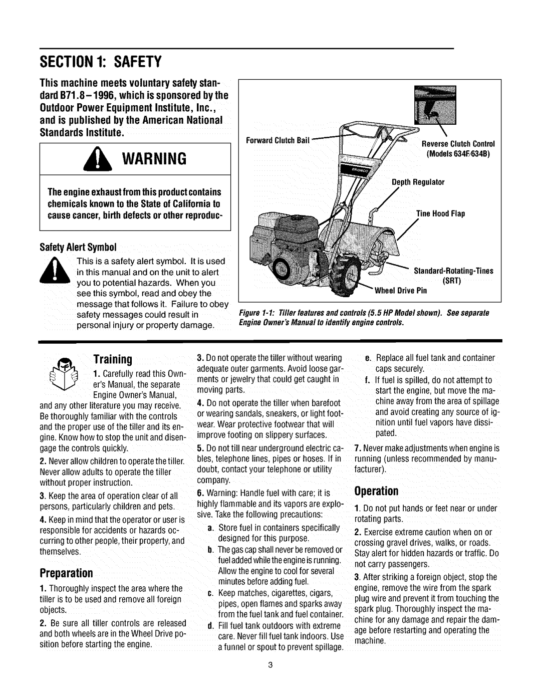 Troy-Bilt 630CN Training, Preparation, Operation, SafetyAlert Symbol, cause cancer, birth defects or other reproduc 
