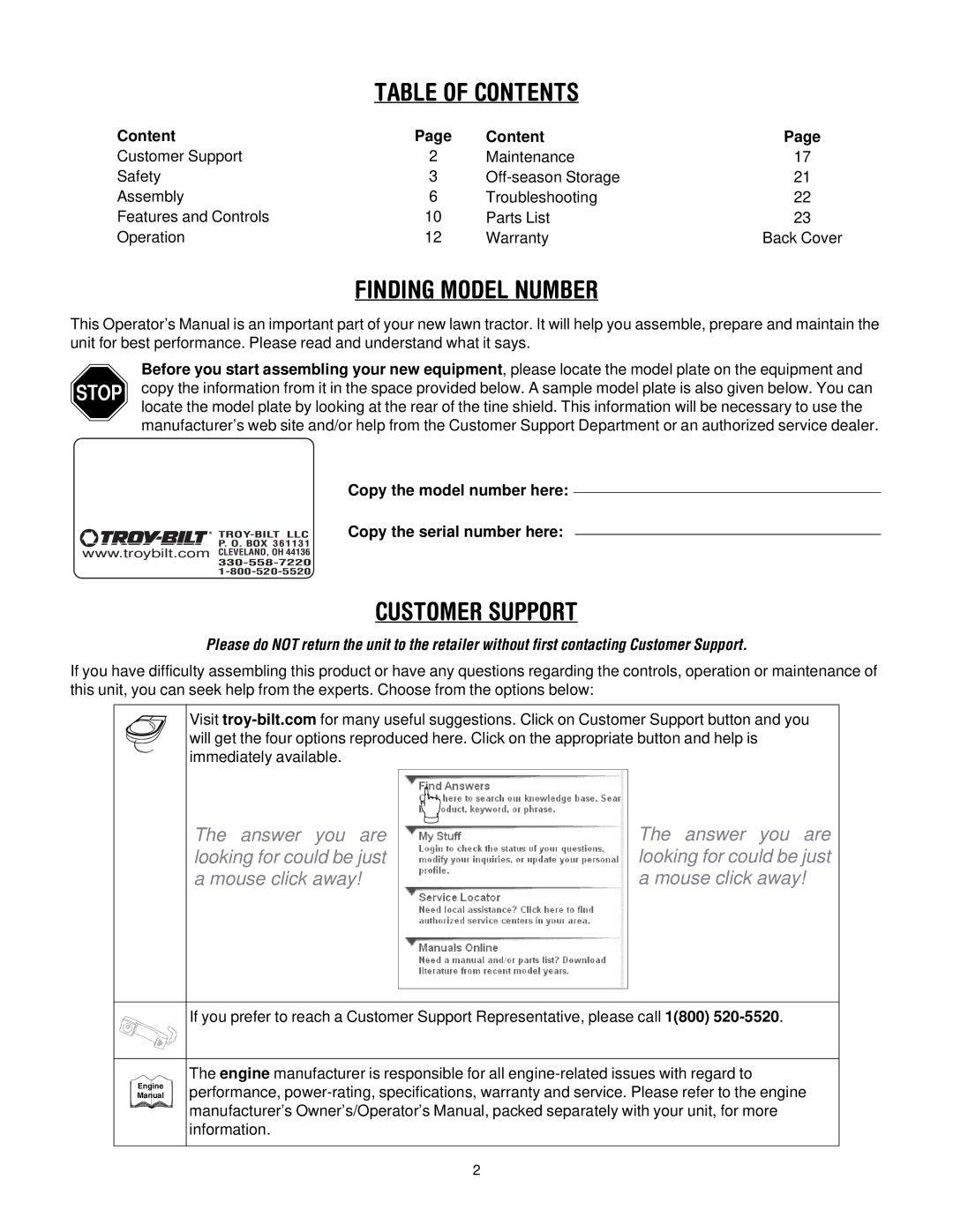 Troy-Bilt 634F, 634A, 630C manual Table of Contents, Finding Model Number, Customer Support 