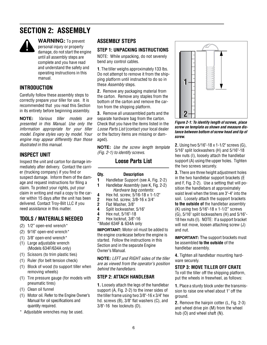 Troy-Bilt 634A, 630C, 634F manual Loose Parts List, Introduction, Inspect Unit, Assembly Steps 