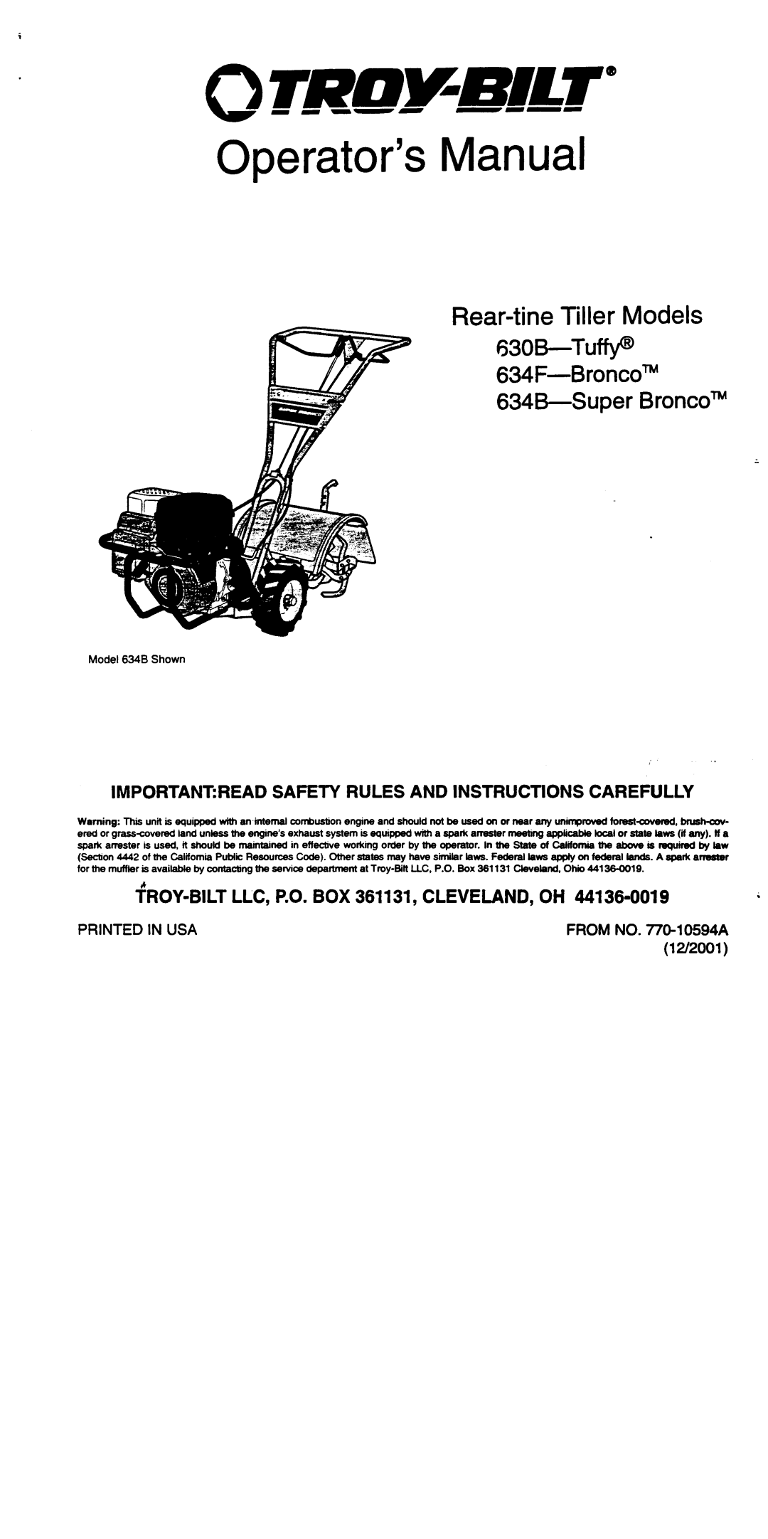 Troy-Bilt 634F - Bronco, 634B - Super Bronco, 630B - Tuffy manual 