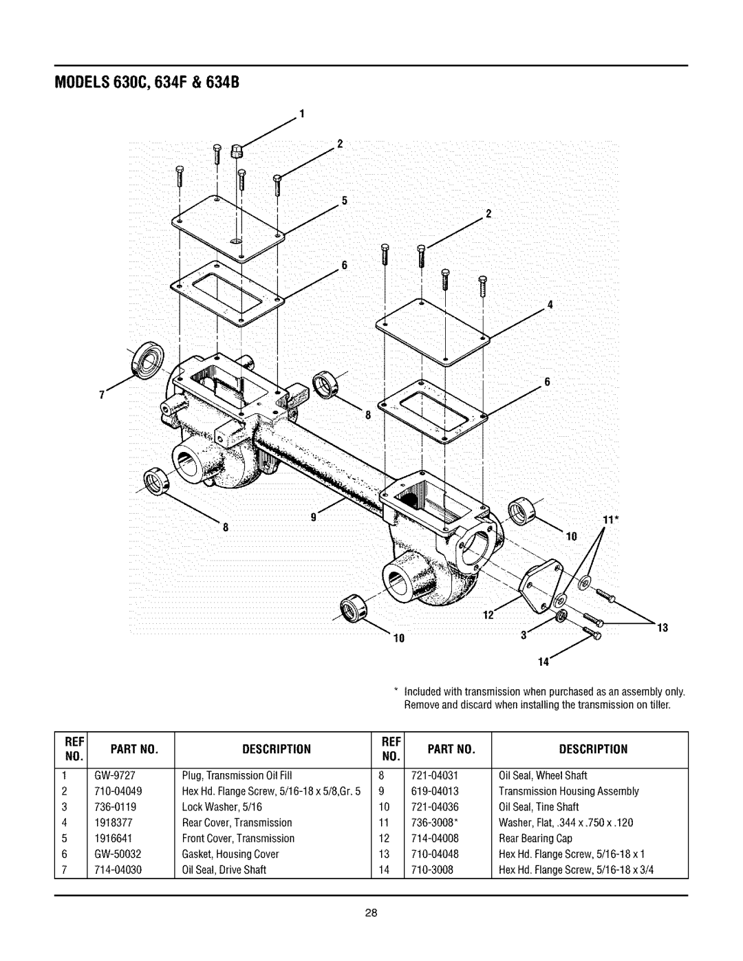 Troy-Bilt 634FM, 634BM manual GW-9727 Plug,TransmissionOilFill 721-04031, 710-04049, 619-04013, LockWasher,5/16 721-04036 