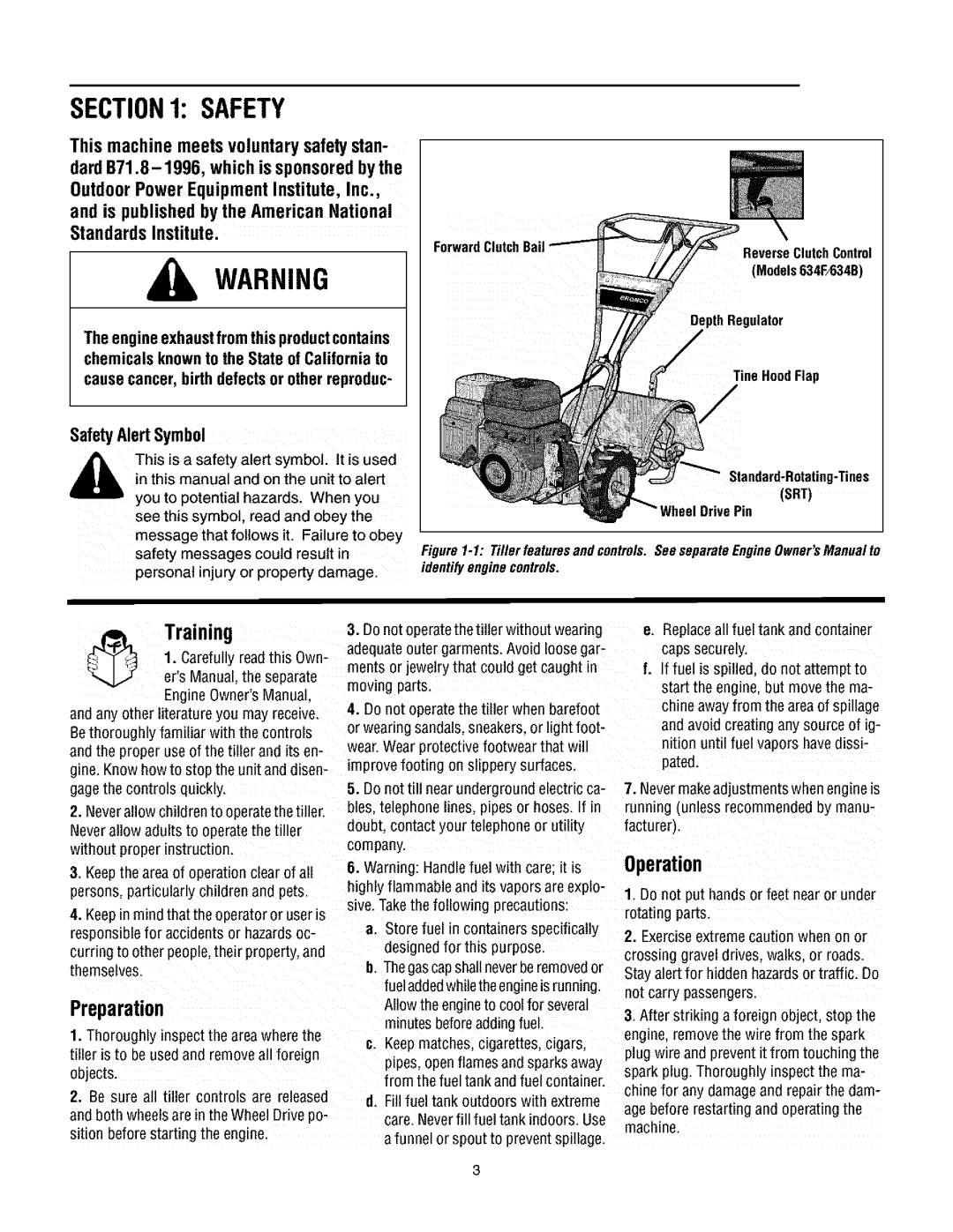 Troy-Bilt 634BM, 634FM manual Safety, Training, Preparation, ForwardClutchBReverseClutchControl Models634F/634B 