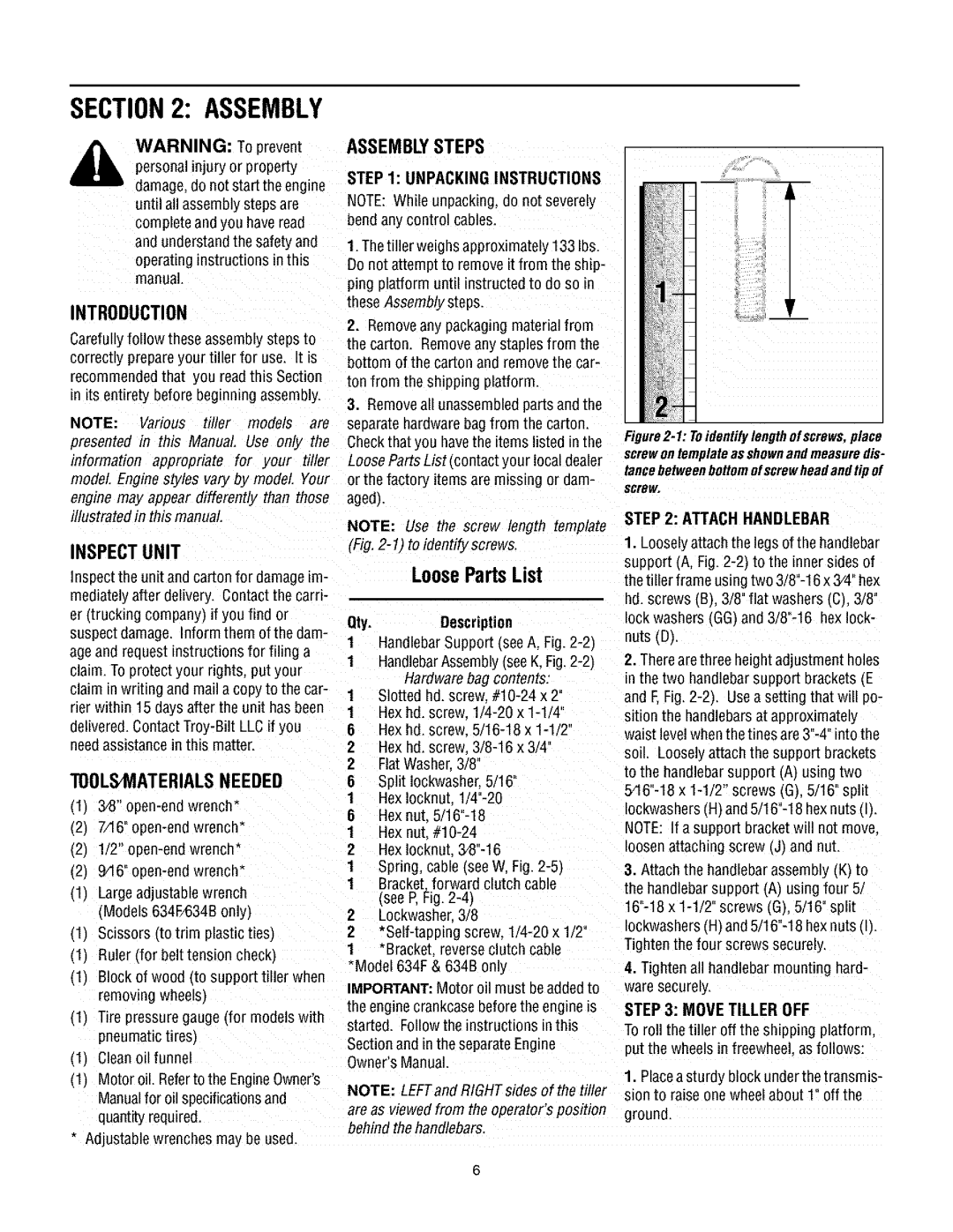 Troy-Bilt 634FM, 634BM manual Assembly, LoosePartsList 