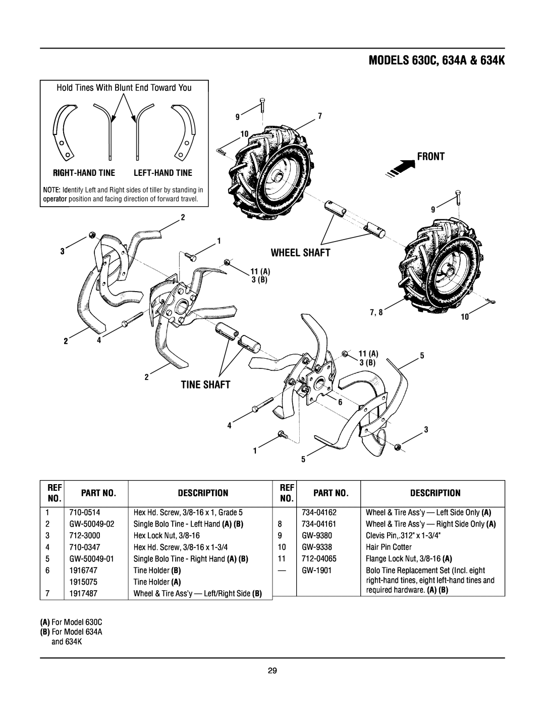 Troy-Bilt 634K--ProLine manual Tine Shaft, Right-Handtine, MODELS 630C, 634A & 634K, Front, Description, Wheel Shaft 