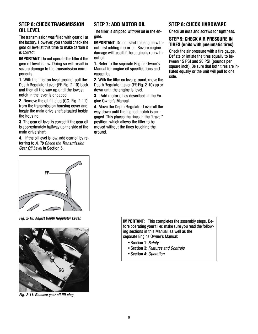 Troy-Bilt 634K--ProLine manual Check Transmission Oil Level, Add Motor Oil, Check Hardware, Features and Controls 