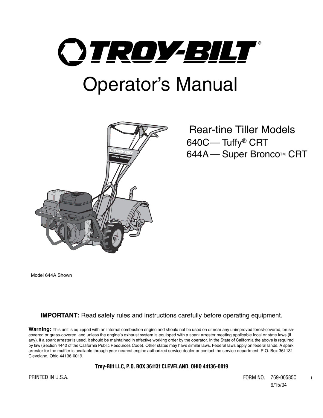 Troy-Bilt 640C-Tuffy CRT, 640C - Tuffy CRT, 644A - Super Bronco CRT manual Form no -00585C OM.fm, 15/04 