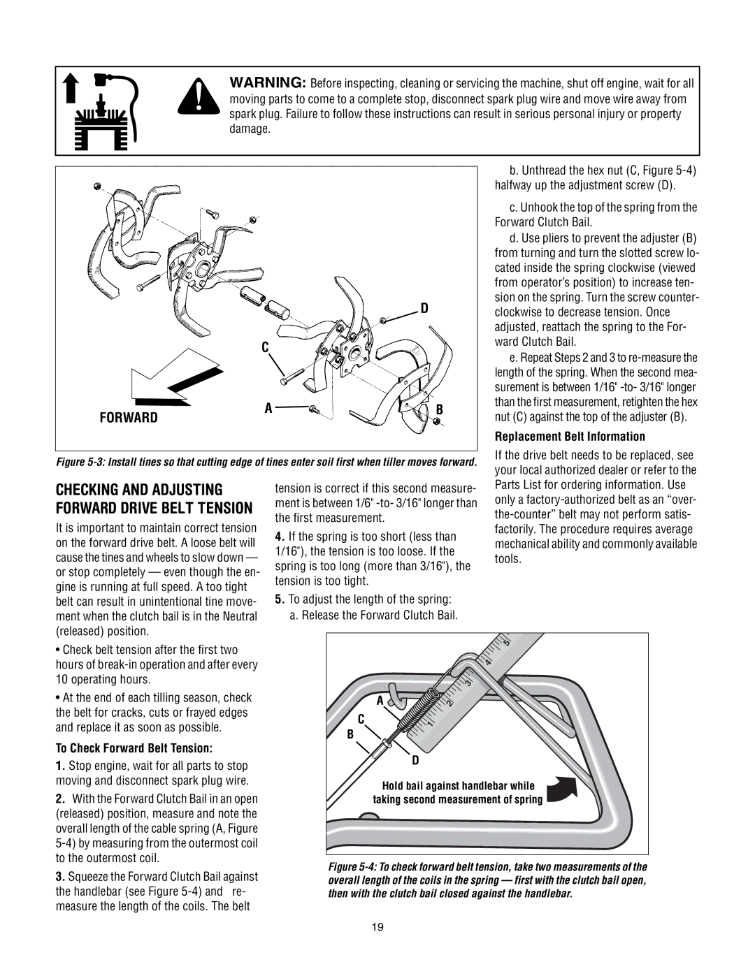 Troy-Bilt 640C-Tuffy CRT manual Checking and Adjusting, Replacement Belt Information, To Check Forward Belt Tension 