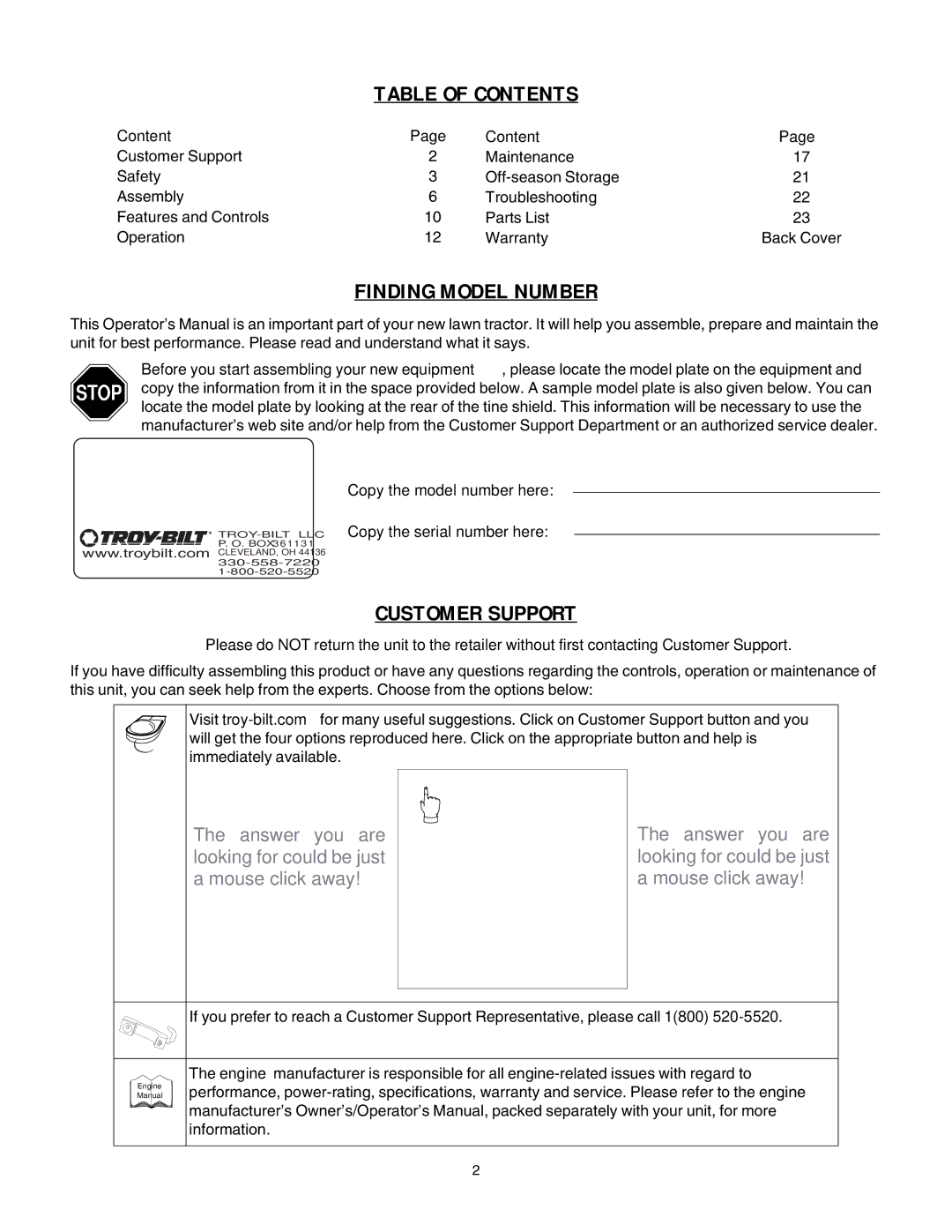 Troy-Bilt 640C - Tuffy CRT, 644A - Super Bronco CRT, 640C-Tuffy Table of Contents, Finding Model Number, Customer Support 