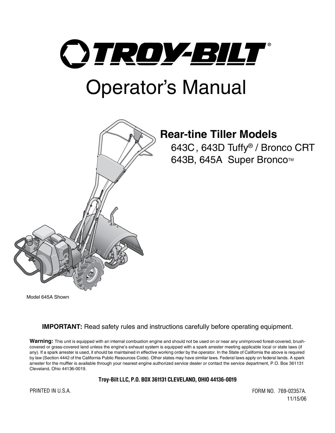 Troy-Bilt 643B Super Bronco manual Form no -02357A.fm, 11/15/06 