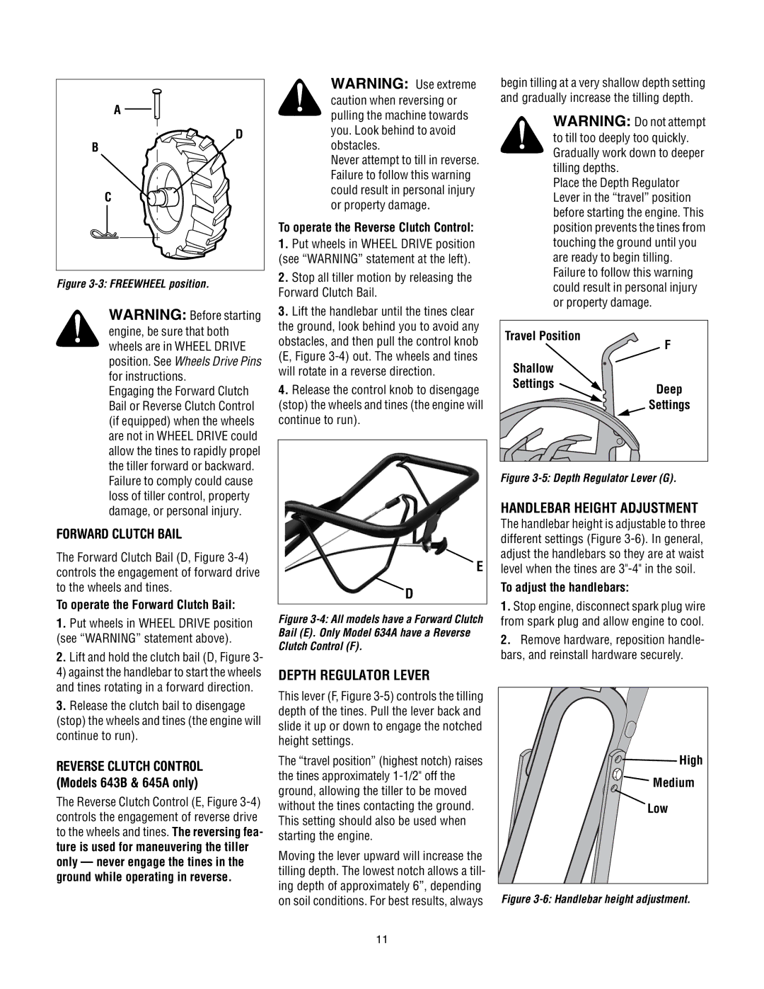 Troy-Bilt 643B Super Bronco To operate the Forward Clutch Bail, Travel Position Shallow Settings, To adjust the handlebars 