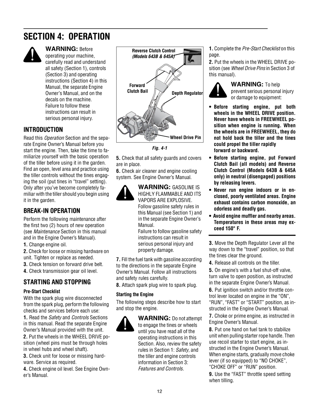 Troy-Bilt 643B Super Bronco manual Introduction BREAK-IN Operation, Starting and Stopping, Change engine oil 