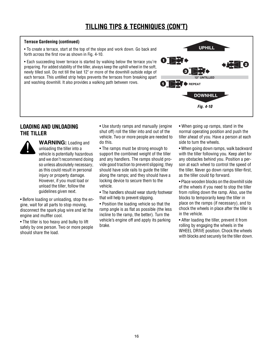 Troy-Bilt 643B Super Bronco manual Loading and Unloading the Tiller, Terrace Gardening 