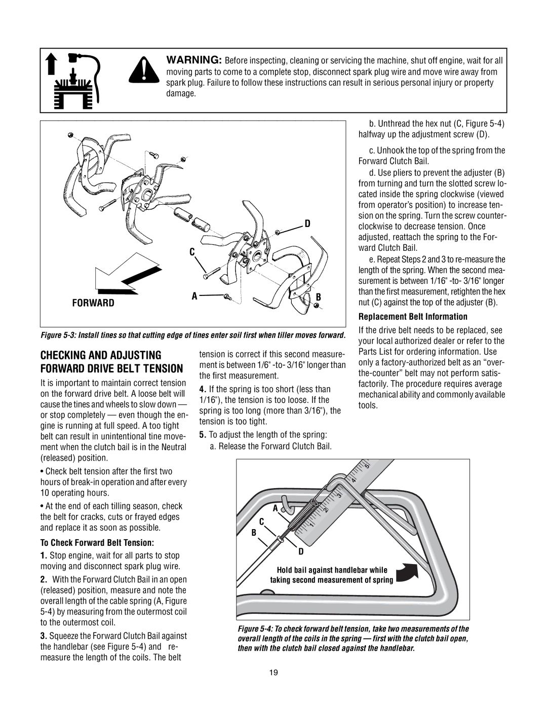 Troy-Bilt 643B Super Bronco manual Checking and Adjusting, Replacement Belt Information, To Check Forward Belt Tension 