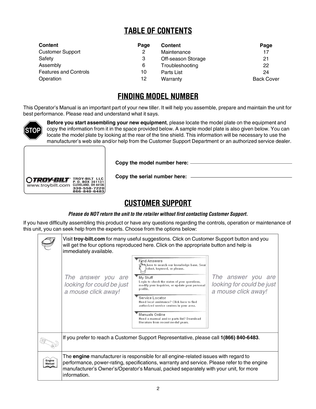 Troy-Bilt 643B Super Bronco manual Table of Contents, Finding Model Number, Customer Support 