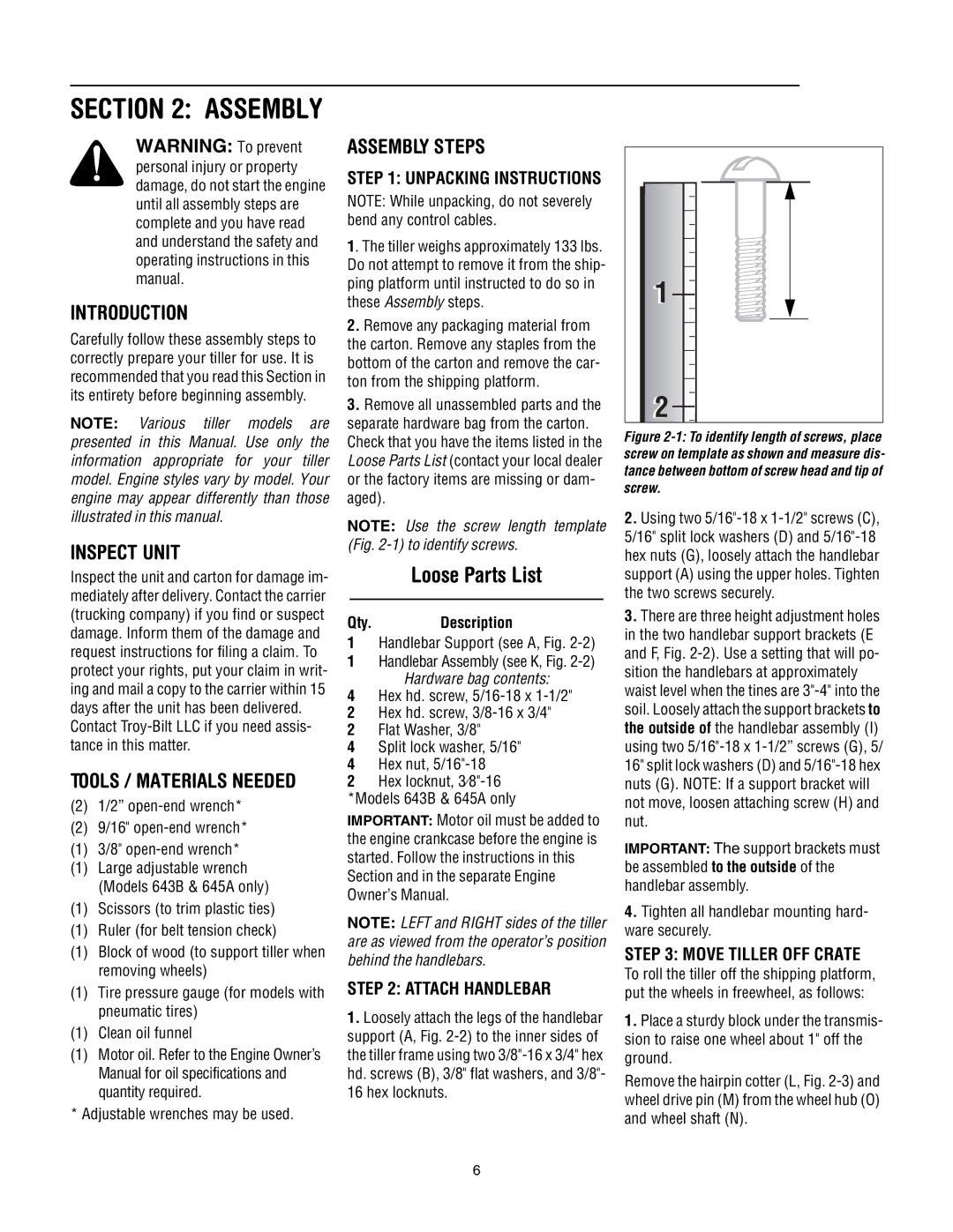 Troy-Bilt 643B Super Bronco manual Introduction, Inspect Unit, Assembly Steps, Unpacking Instructions 