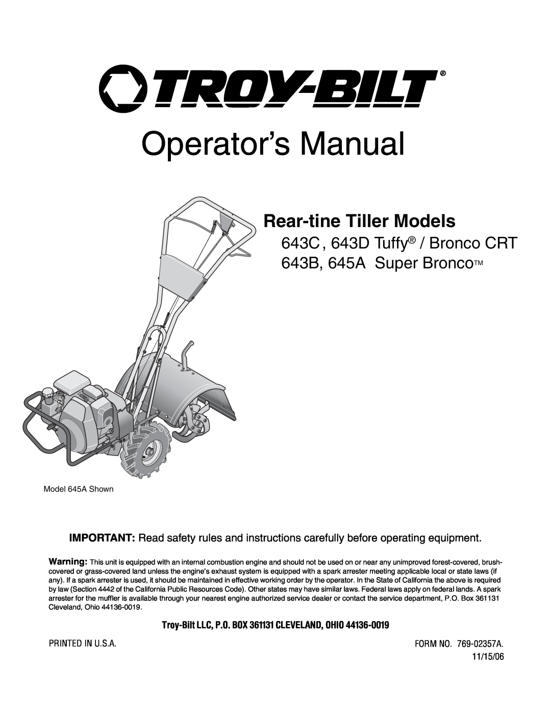 Troy-Bilt 643B Super Bronco manual Operator’s Manual, Rear-tine Tiller Models 