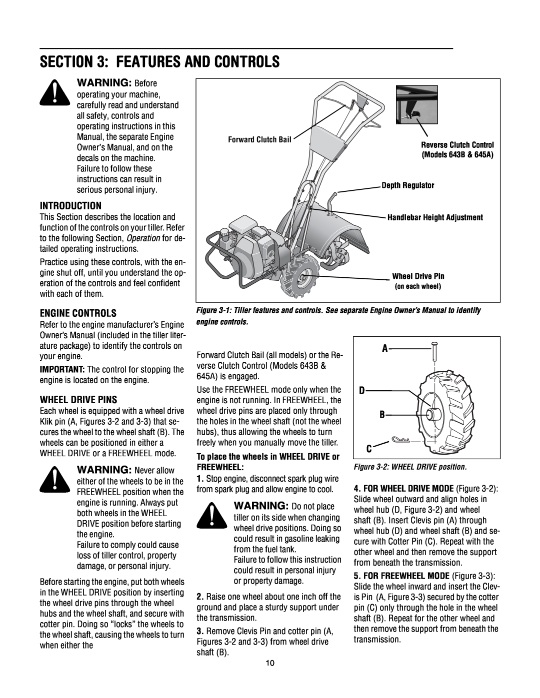 Troy-Bilt 643B Super Bronco manual Features And Controls, WARNING Before, Introduction, Engine Controls, Wheel Drive Pins 