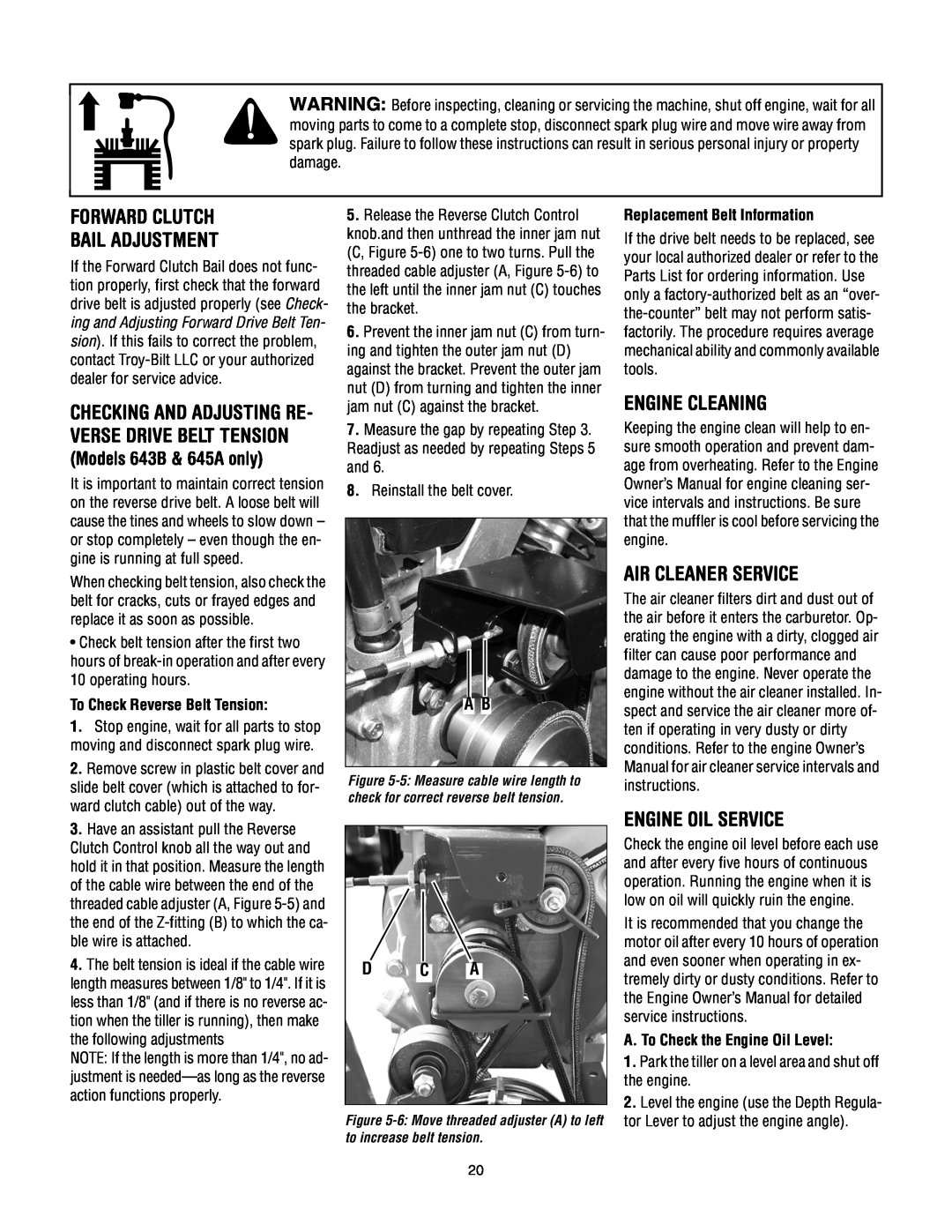Troy-Bilt 643B Super Bronco manual Forward Clutch Bail Adjustment, Engine Cleaning, Air Cleaner Service, Engine Oil Service 