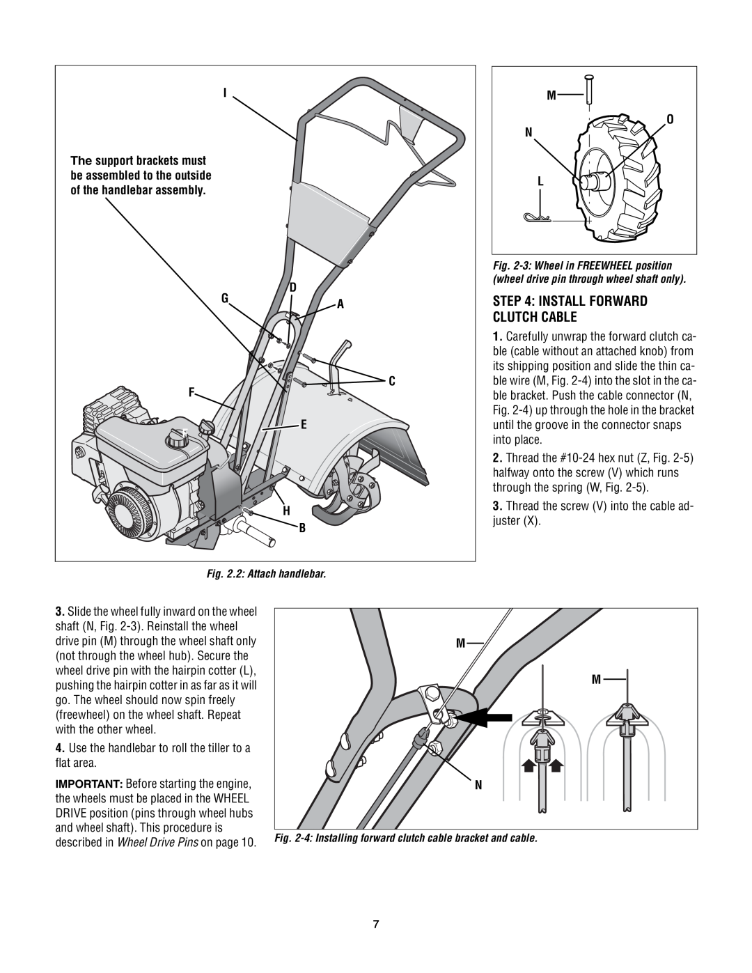 Troy-Bilt 643B Super Bronco manual D G F E, Install Forward Clutch Cable, M M N, 2 Attach handlebar 