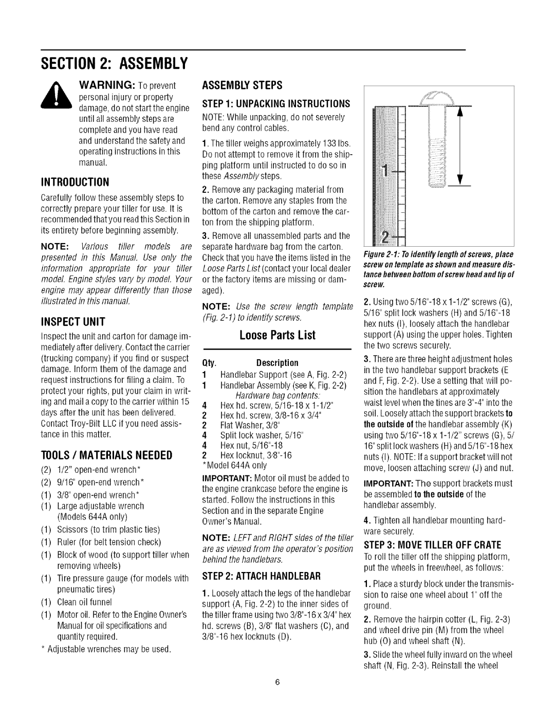 Troy-Bilt 644A, 640C manual Inspectunit, TOOLS/ Materialsneeded, Assemblysteps 