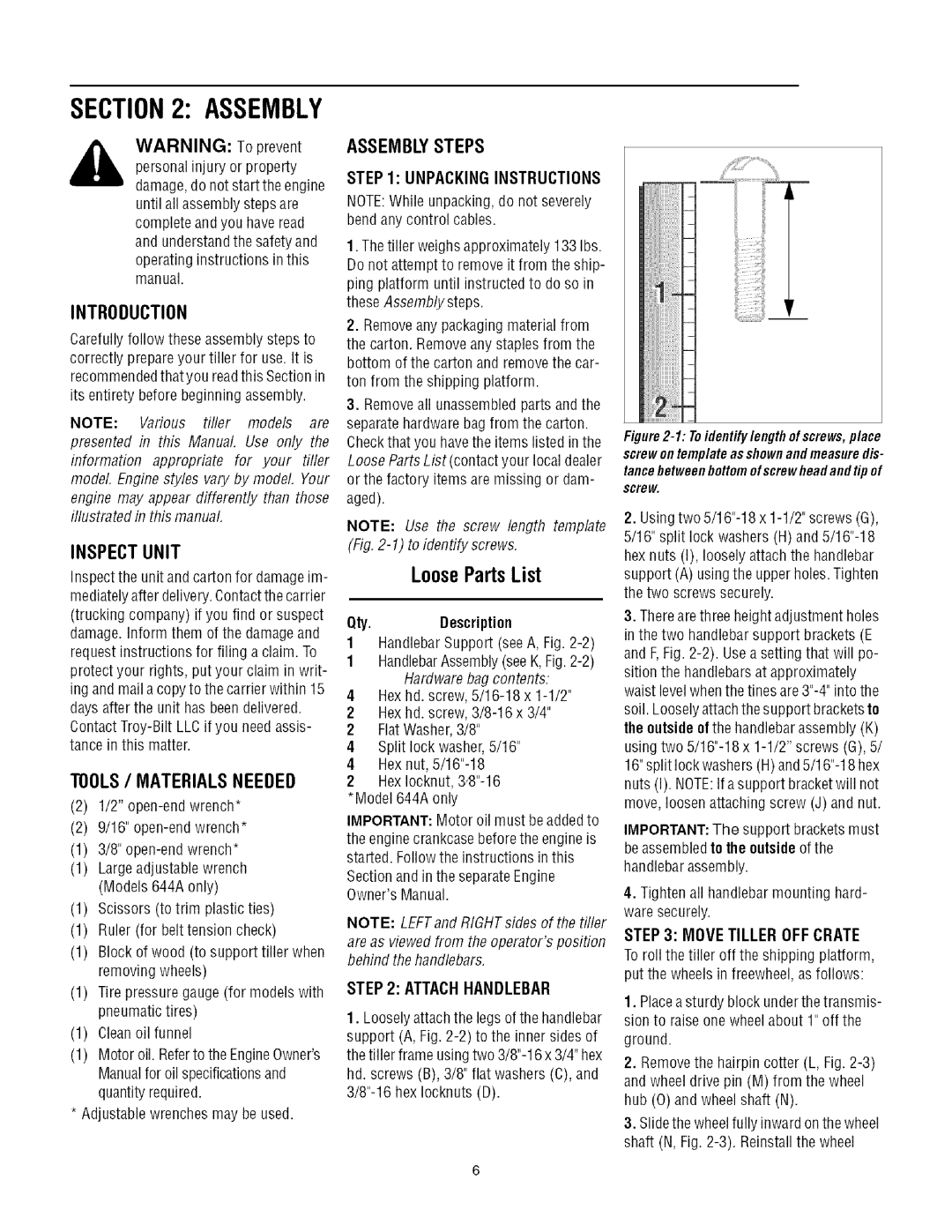 Troy-Bilt 644A LooseParts List, Inspectunit, Tools/ Materialsneeded, Assemblysteps, WARNING To prevent, Introduction 