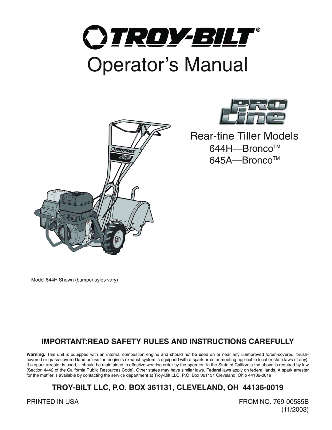 Troy-Bilt 644H-Bronco, 645A-Bronco manual Operator’s Manual 