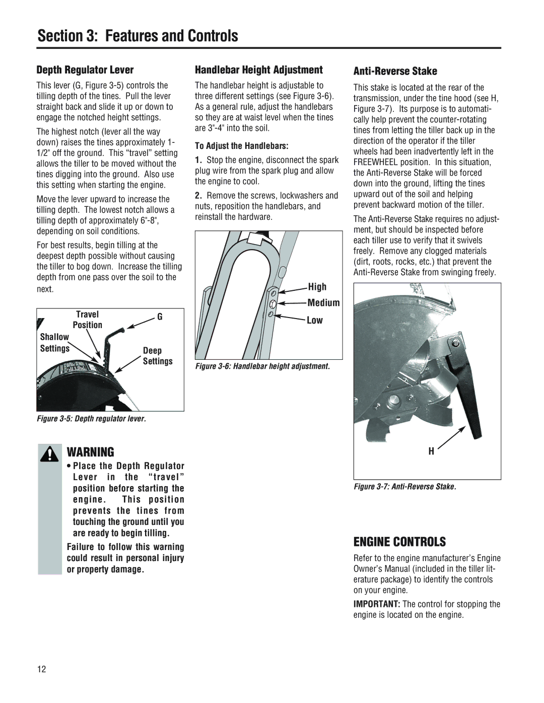 Troy-Bilt 644H-Bronco manual Features and Controls, Depth Regulator Lever, Handlebar Height Adjustment, Anti-Reverse Stake 