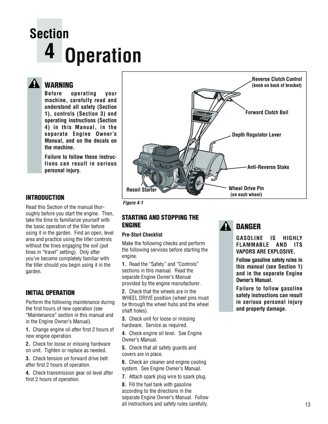 Troy-Bilt 644H-Bronco, 645A-Bronco manual Introduction, Initial Operation, Starting and Stopping the Engine 