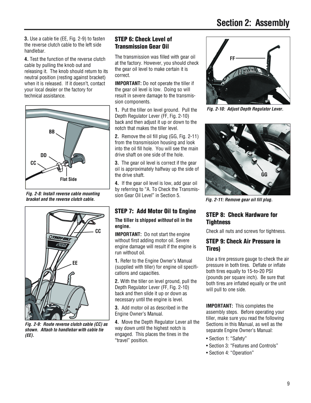 Troy-Bilt 644H-Bronco, 645A-Bronco manual Check Level Transmission Gear Oil, Check Hardware for Tightness 